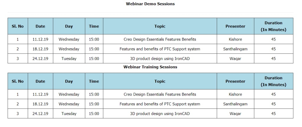 Webinar Schedule December 2019